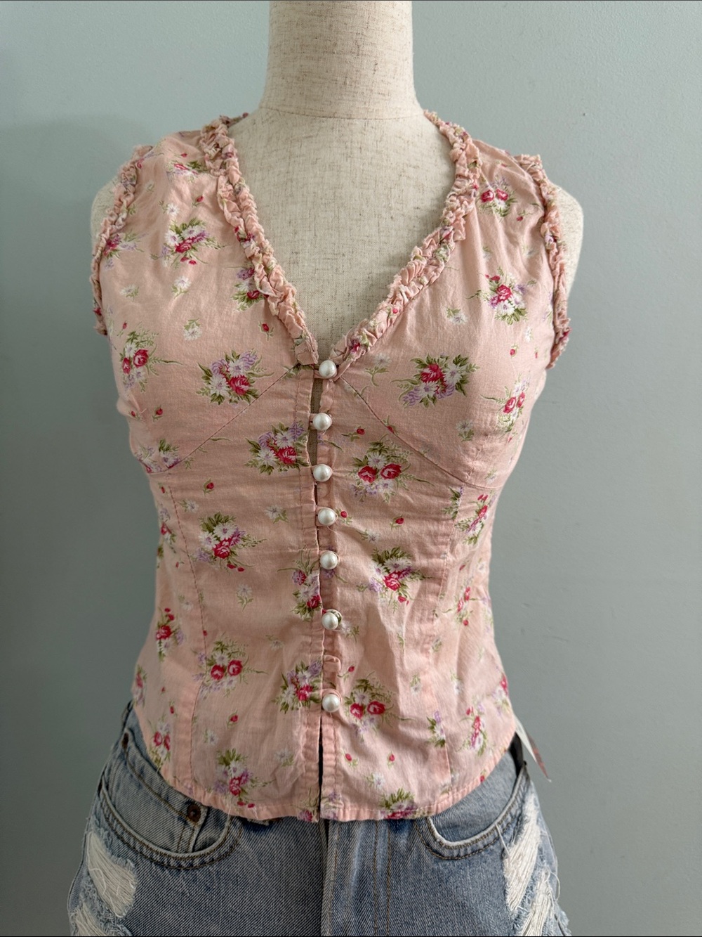 Y2K Forever 21 Cotton Pink Floral Button Bustier Top XS